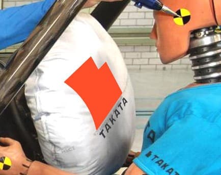A Takata airbag deploys in front of a crash test dummy